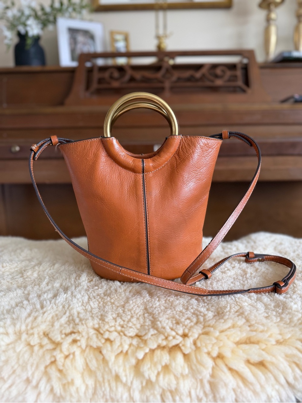 J. Crew Cognac Leather Crossbody with Gold Ring Handle